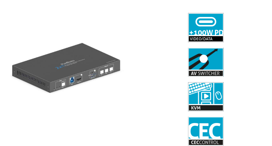 PureTools PT-PSW-21HC-KVM USB-C / HDMI 2x1 Switch mit 100 Watt PD