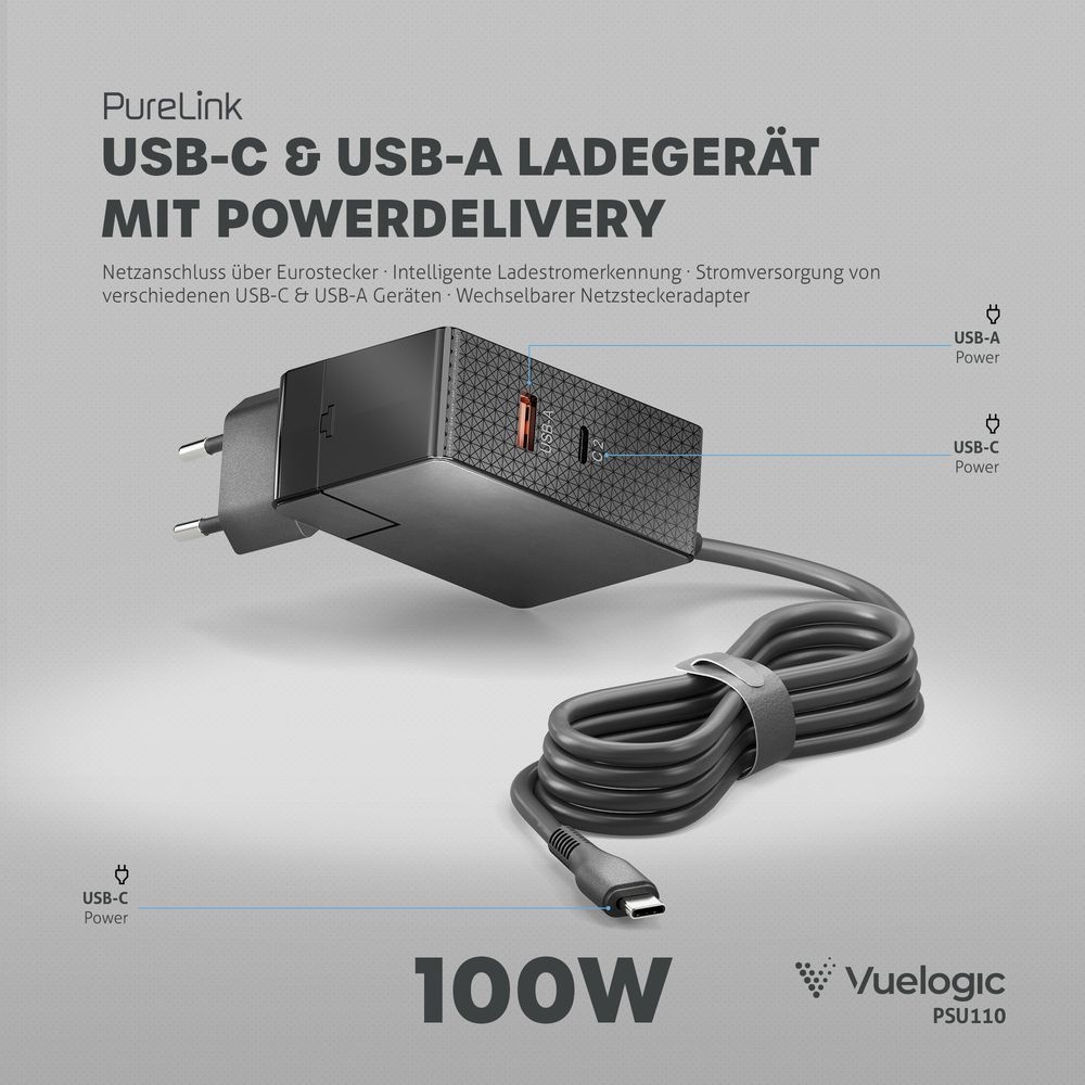 PureLink VL-PSU110 - USB-C und USB-A GaN III Ladegerät mit 100 Watt PD