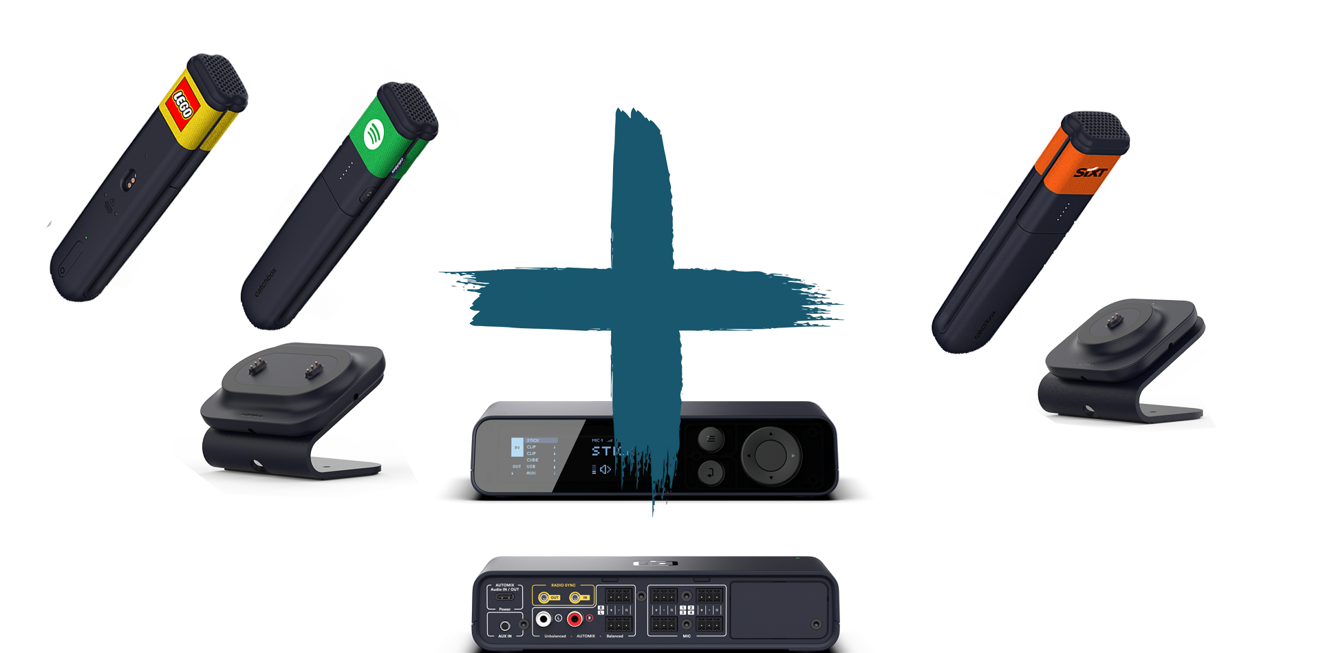 Catchbox Plus - System - 4 Channel - 3 x Stick (Handkmikro) - 1 x drahtlose Dual-Ladestation und 1 x drahtlose Ladestation Stick - Customized - Version 2024