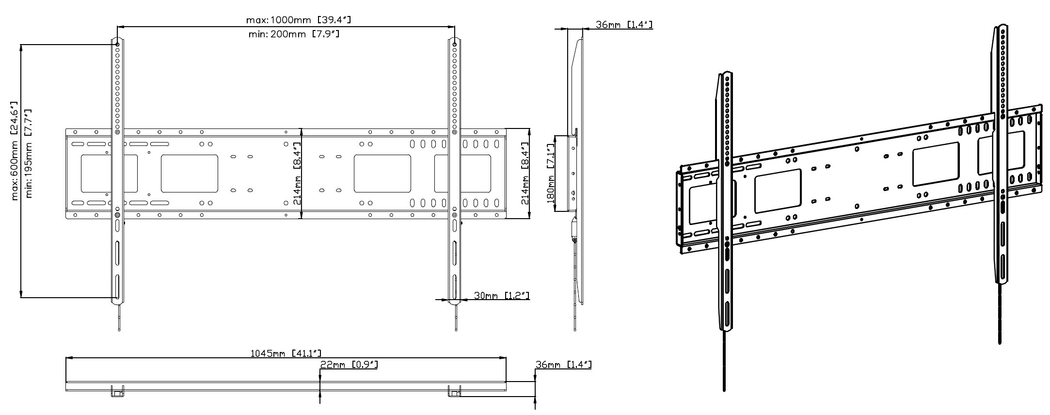 Vision VFM-W10X6 - hochbelastbare Wandhalterung - 55-90 Zoll - VESA 1000 x 600 mm - bis 130kg - Schwarz