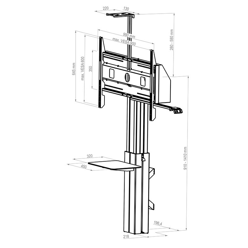 Hagor HP Lift Floor-Wall - elektrisch höhenverstellbares Liftsystem zur Boden-Wand Montage - 55-100 Zoll - VESA 900x600mm - bis 135 kg - Schwarz