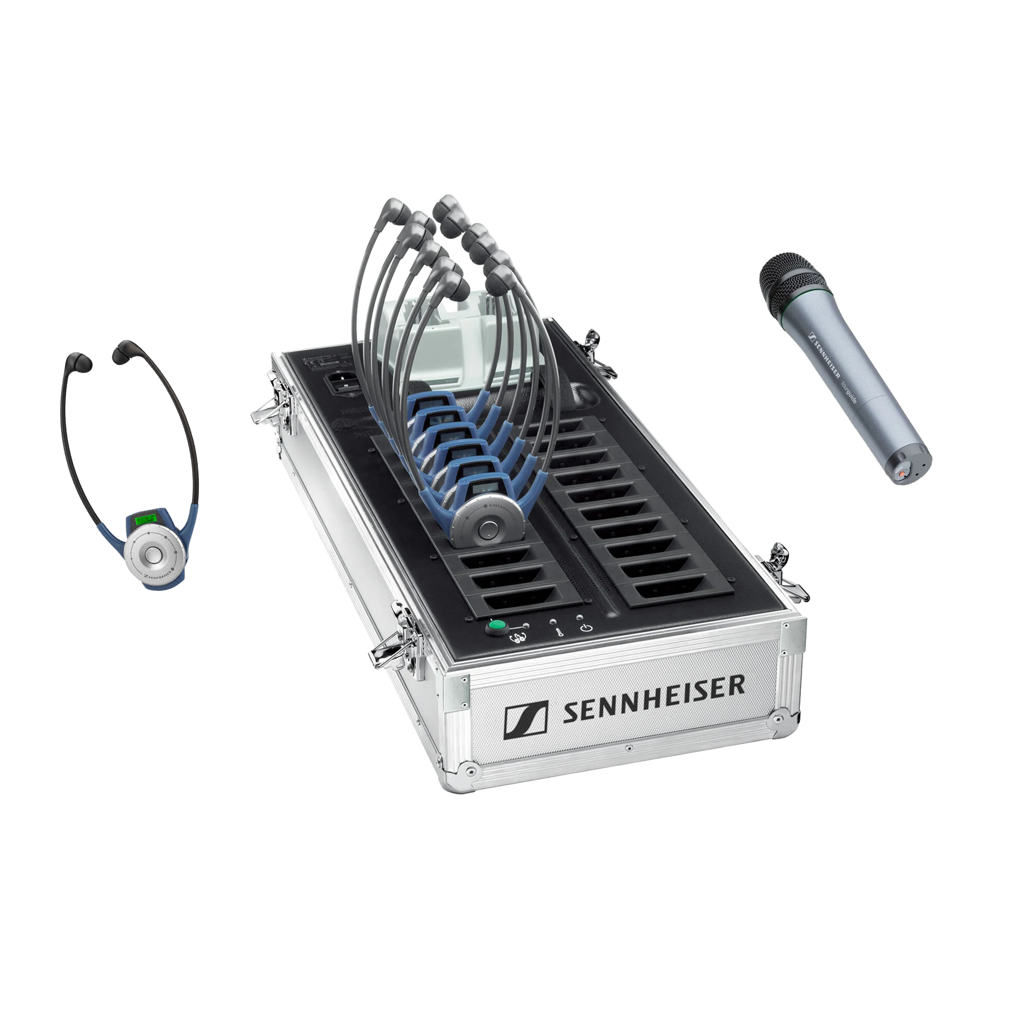 Sennheiser Tourguide Komplettset 1 - 20 x HDE 2020-D-II Kinnbügelempfänger - 1 x SKM 2020-D Handmikro - 1 x EZL 2020-20L Ladekoffer