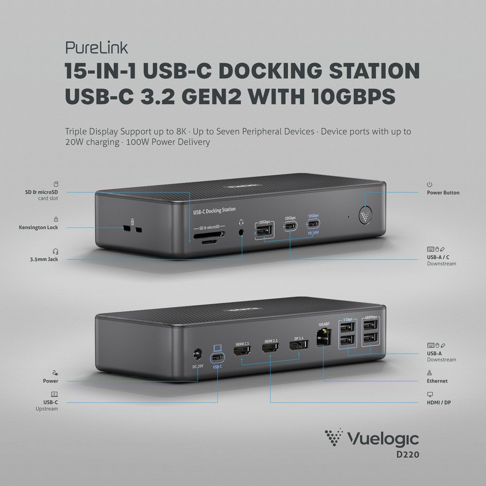 Purelink Vuelogic VL-D220 - 15-in-1 USB-C DisplayLink Docking Station - 2x HDMI 2.1 8K30, 1x DP 1.4 8K30, USB 3.2 Gen2 100W PD 10Gbps, 7x USB, 1x Ethernet, 1x Kartenleser