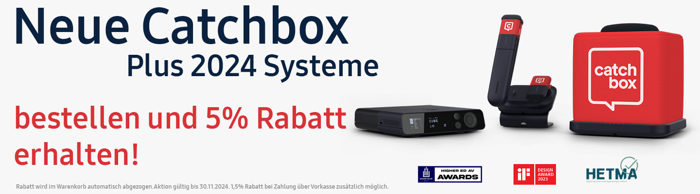 Catchbox Plus - System - 4 Channel - 4 x Clip (Ansteckmikro) - 2 x drahtlose Dual-Ladestation Clip - Customized - Version 2024