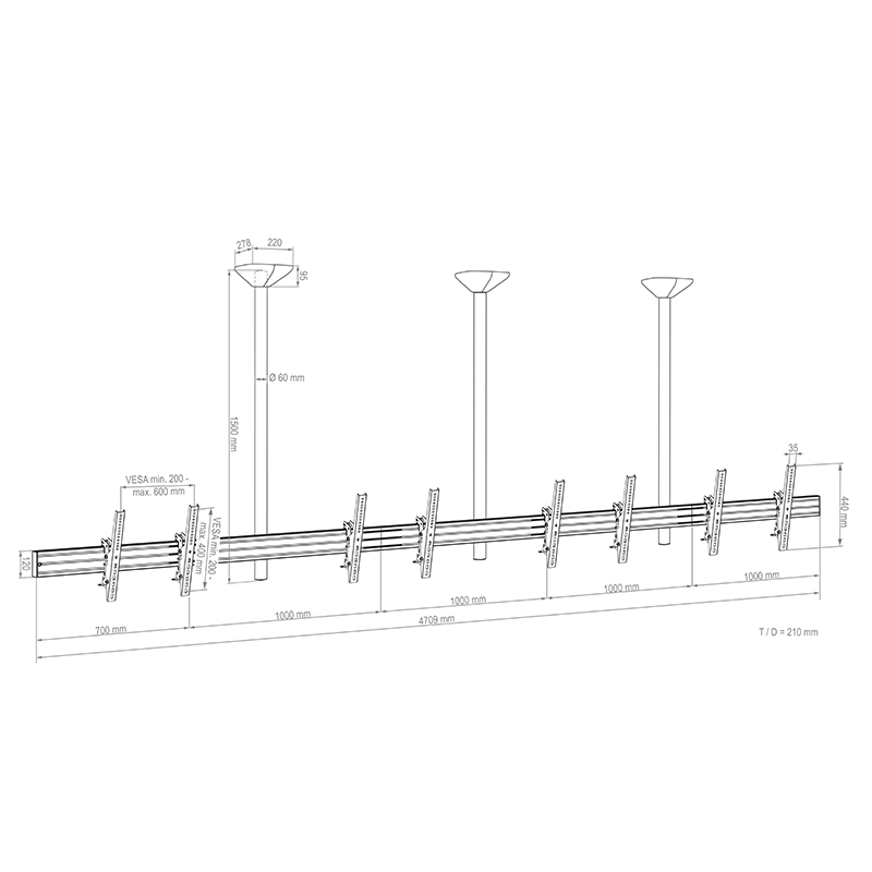 Hagor CPS MENUBOARD D4L - Deckenhalterung - 4 x 46-65 Zoll - VESA 600x400mm - bis 160kg - Schwarz