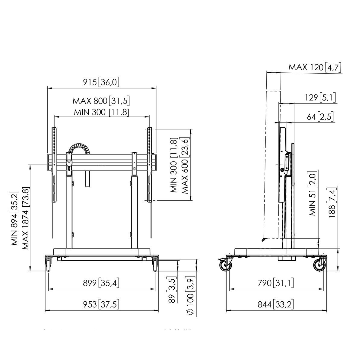 VOGELS RISE 5305 - motorisierter Rollwagen - 65-86 Zoll - VESA 800x600mm - bis 120 kg - 50 mm/s - Premium-Rollen - Schwarz