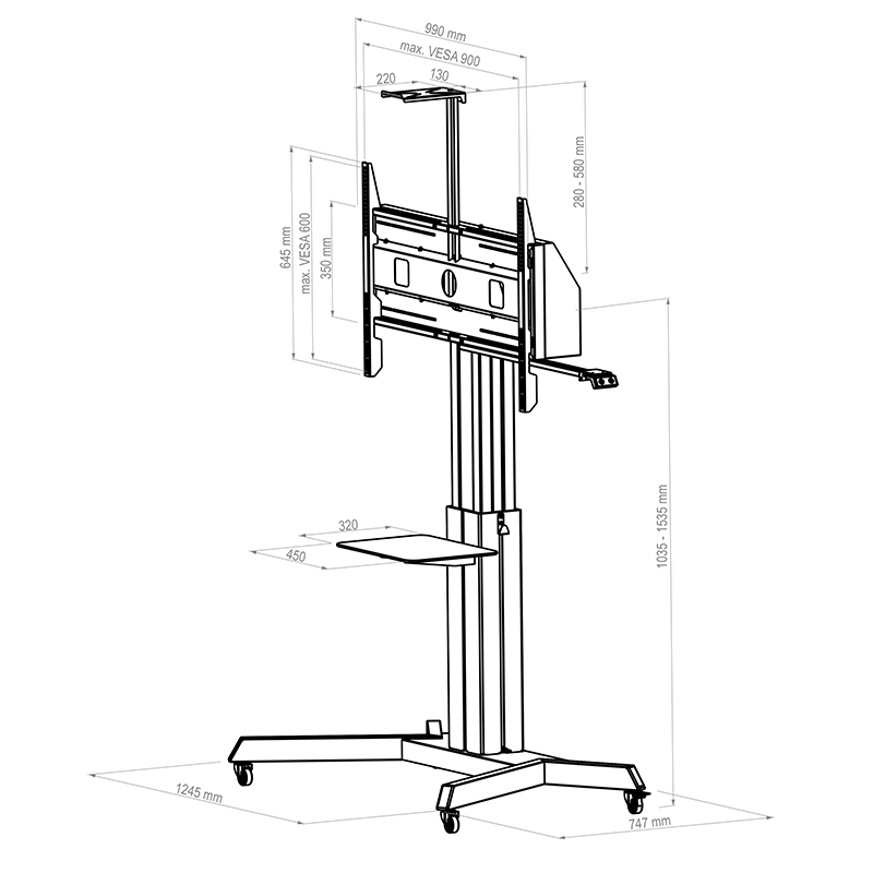 Hagor HP Lift Mobile - elektrisch höhenverstellbarer Rollwagen - 55-100 Zoll - VESA 900x600mm - bis 135 kg - Schwarz