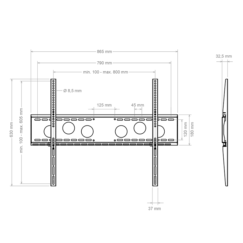 Hagor WH 85 F-HD - fixe Wandhalterung für Displays zwischen 55 – 110 Zoll - VESA 800x600mm - bis 125kg - Schwarz