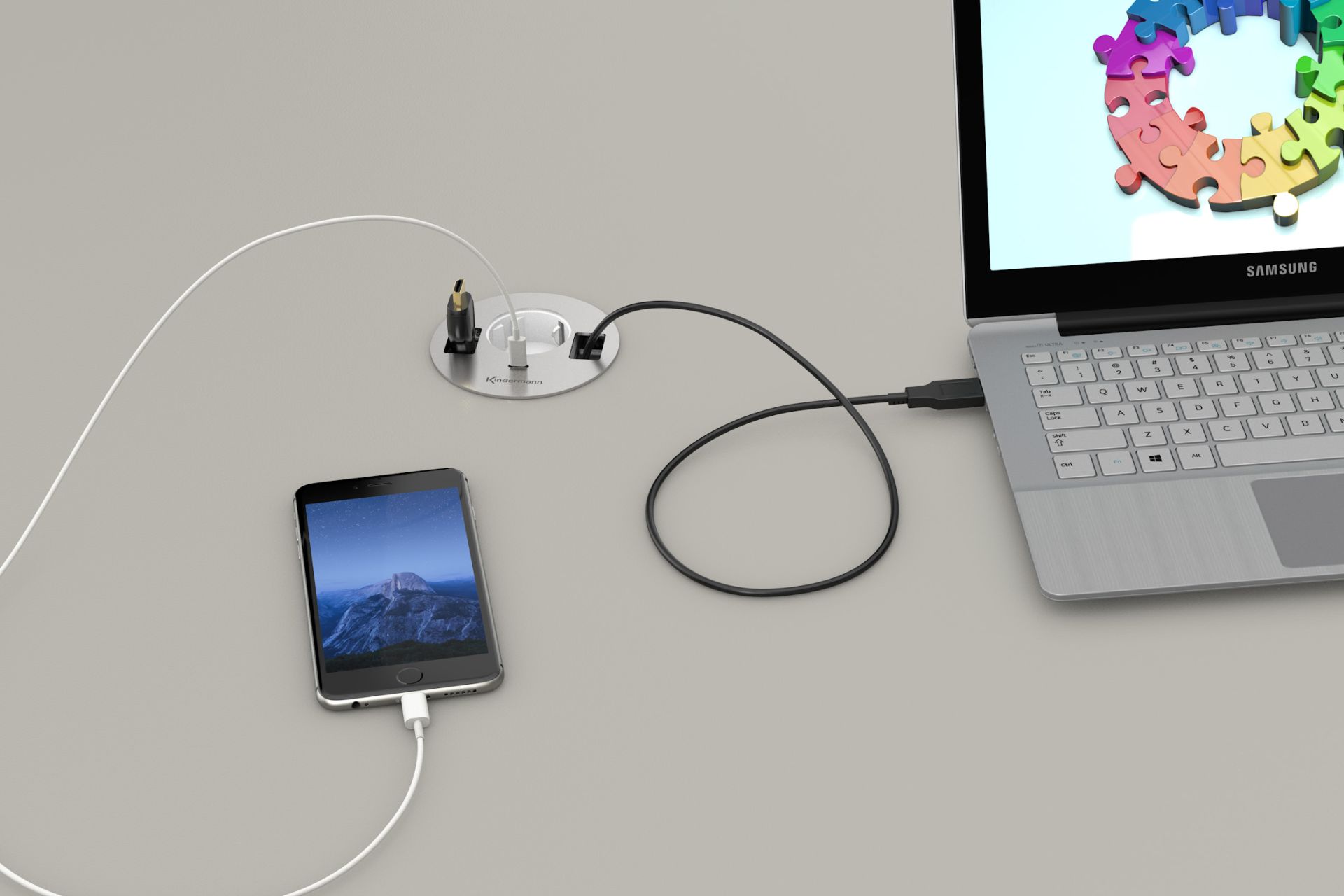 Kindermann CablePort table³ - 1x Strom - 1x USB-C - 2 freie Kabeldurchlässe - Tischanschlussfeld - Edelstahl