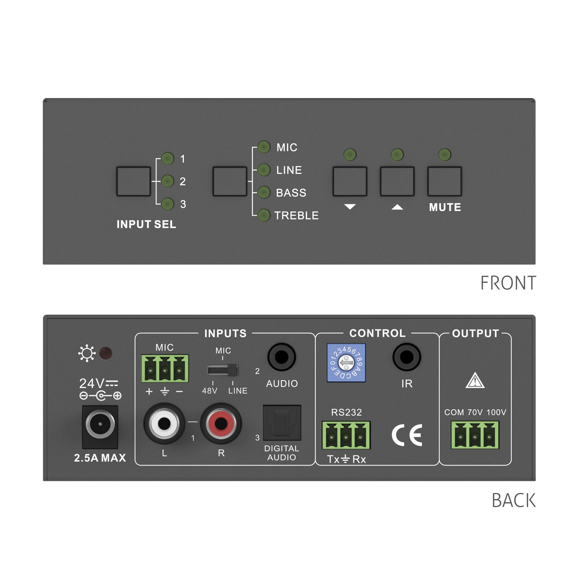 PureTools - Audio Verstärker 40W (70V/100V), 3 Leitungseingänge & 1 MIC Eingang