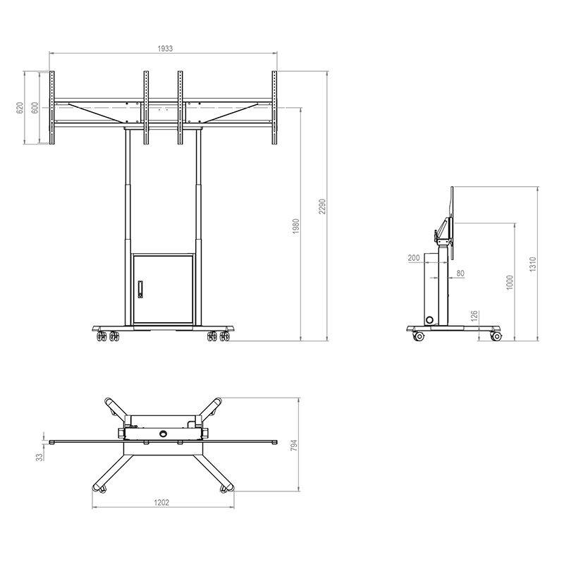 Hagor HP Twin Lift M-DW - mobiles, elektrisch höhenverstellbares Liftsystem für zwei Displays 'side-by-side' - 2x 46-65 Zoll - VESA 600x400mm -  bis 60kg pro Display - Weiss