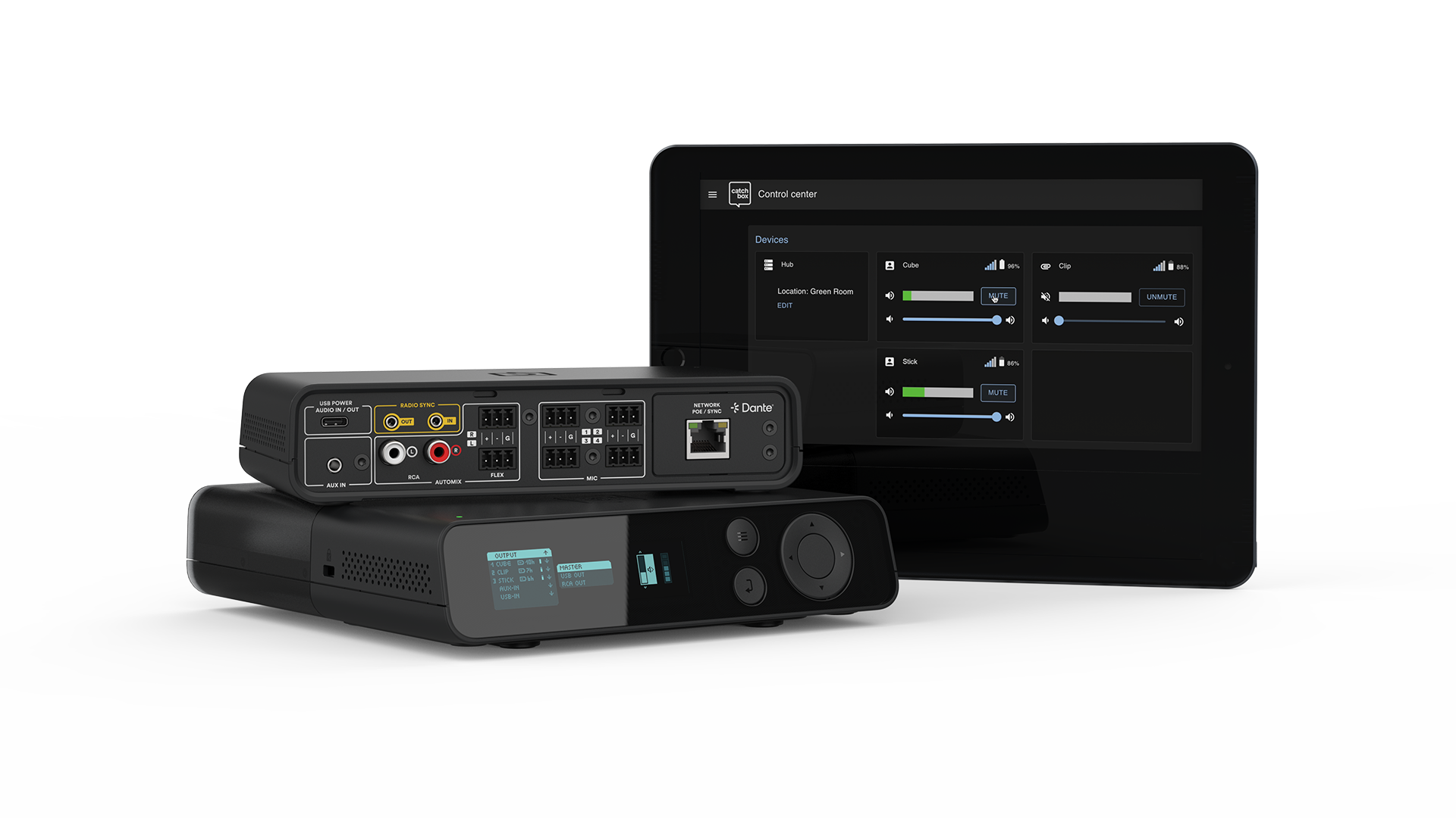 Catchbox Plus - System - 4 Channel - Networking + Dante - 4 x Clip (Ansteckmikro) - 2 x drahtlose Dual-Ladestation Clip - Customized - Version 2024