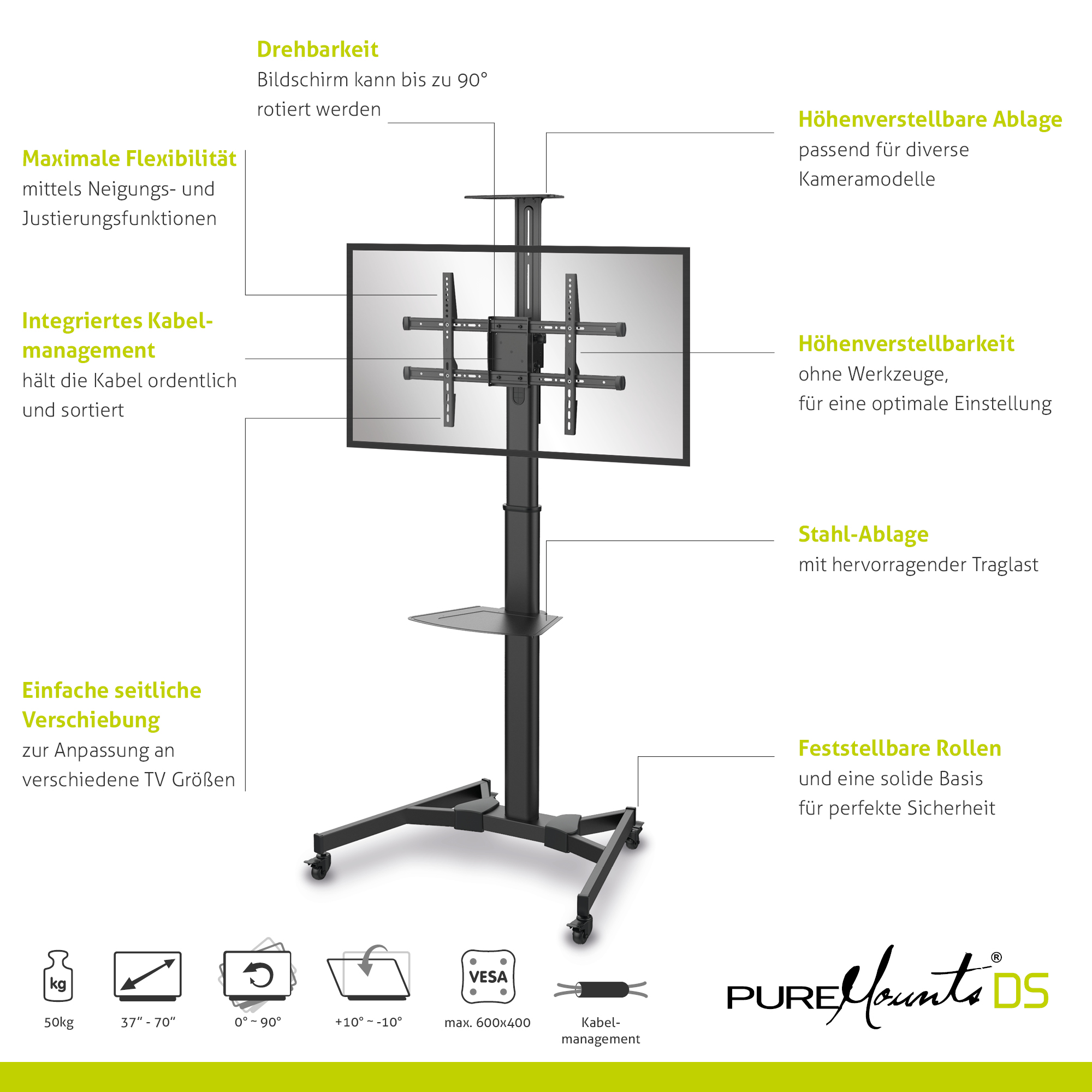 PureMounts PM-CART-70B - höhenverstellbarer Rollwagen - 37-70 Zoll Display - VESA 600x400mm - bis 50kg - Schwarz