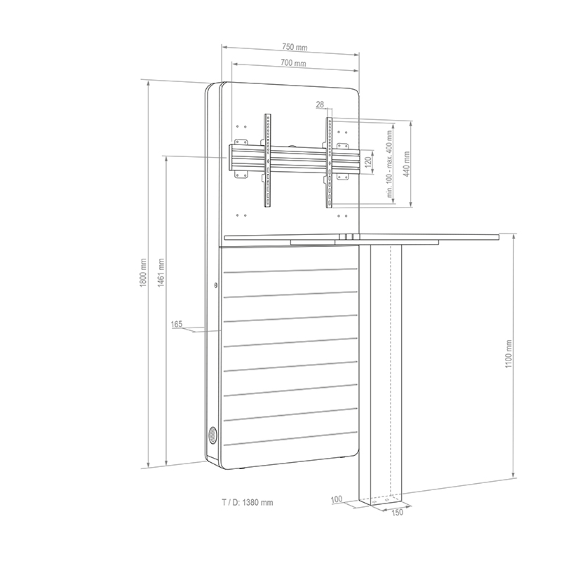 Hagor CON-Line® W Table - 32-55 Zoll - Landscape - Medienstele mit Steh-Besprechungstisch - Boden-Wand-Montage - Weiß