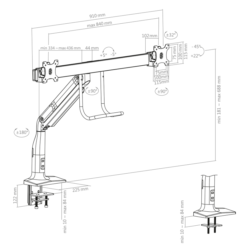 Hagor HA Gasliftarm Dual - vollbewegliche Tischhalterung für 2 Displays - 17-43 Zoll - VESA 100x100 mm - bis 10kg - Schwarz