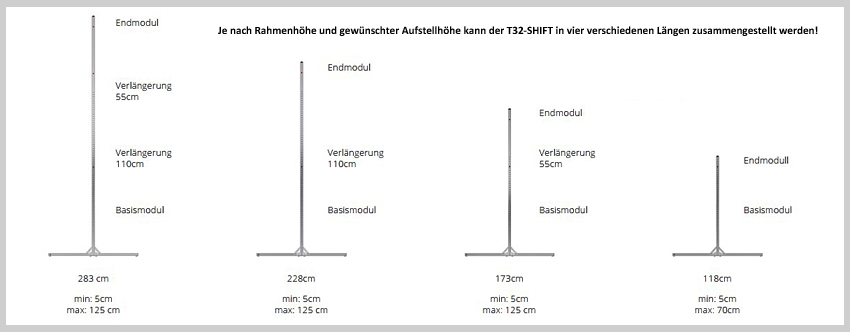 Das AV STUMPFL T32-SHIFT Leinwandfußsystem ist schnell und unkompliziert in vier verschiedenen Längen zusammengestellt