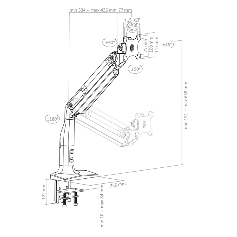 Hagor HA Gasliftarm Single - vollbewegliche Tischhalterung - 17-43 Zoll - 2,5-18 kg - VESA 200x100mm - Schwarz