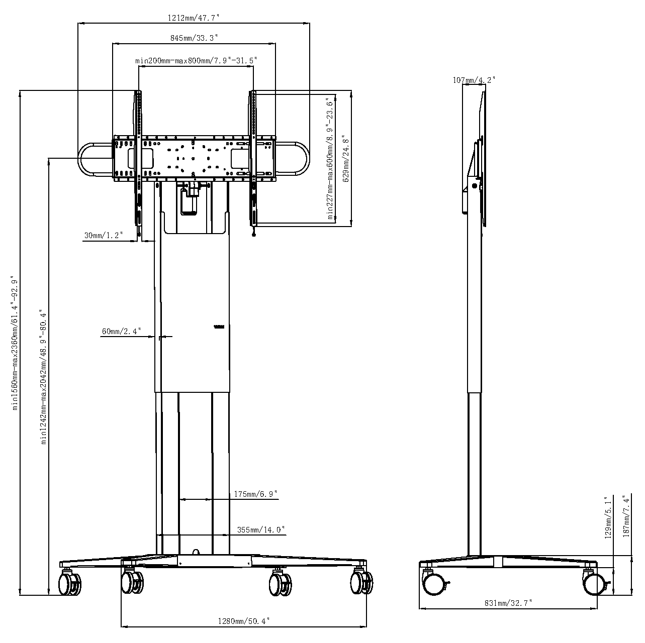 Vision VFM-F50T - motorisierter Rollwagen / Standfuß - 47-90 Zoll - VESA 800x600mm - bis 130 kg - Schwarz