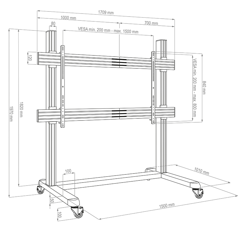 Hagor CPS MOBILE STAND SINGLE 86-110 - Rollwagen - 86 - 110 Zoll - bis 130  kg - VESA 1500x800mm - Schwarz