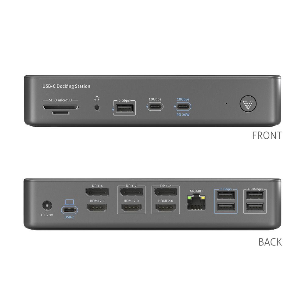 Purelink Vuelogic VL-D230DL - 18-in-1 USB-C DisplayLink Docking Station - 1x HDMI 2.1 8K30, 2 x HDMI 2.1 8K30, 1x DP 1.4 8K30, 2 x DP 1.2 4K60, USB 3.2 Gen2 100W PD 10Gbps, 7x USB, 1x Ethernet