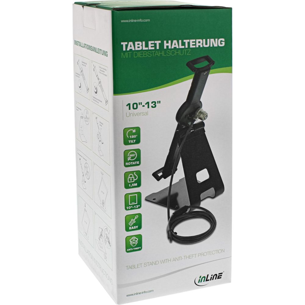 InLine® Tablet Halter universell 55727S - 10 -13 Zoll mit Sicherheitsschloss 1,5m - mit Schlüssel - Schwarz