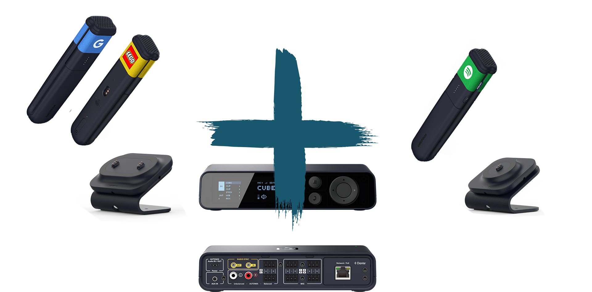 Catchbox Plus - System - 4 Channel - Networking + Dante - 3 x Stick (Handmikro) - 1 x drahtlose Ladestation Stick - 1 x drahtlose Dual-Ladestation Stick - Customized - Version 2024