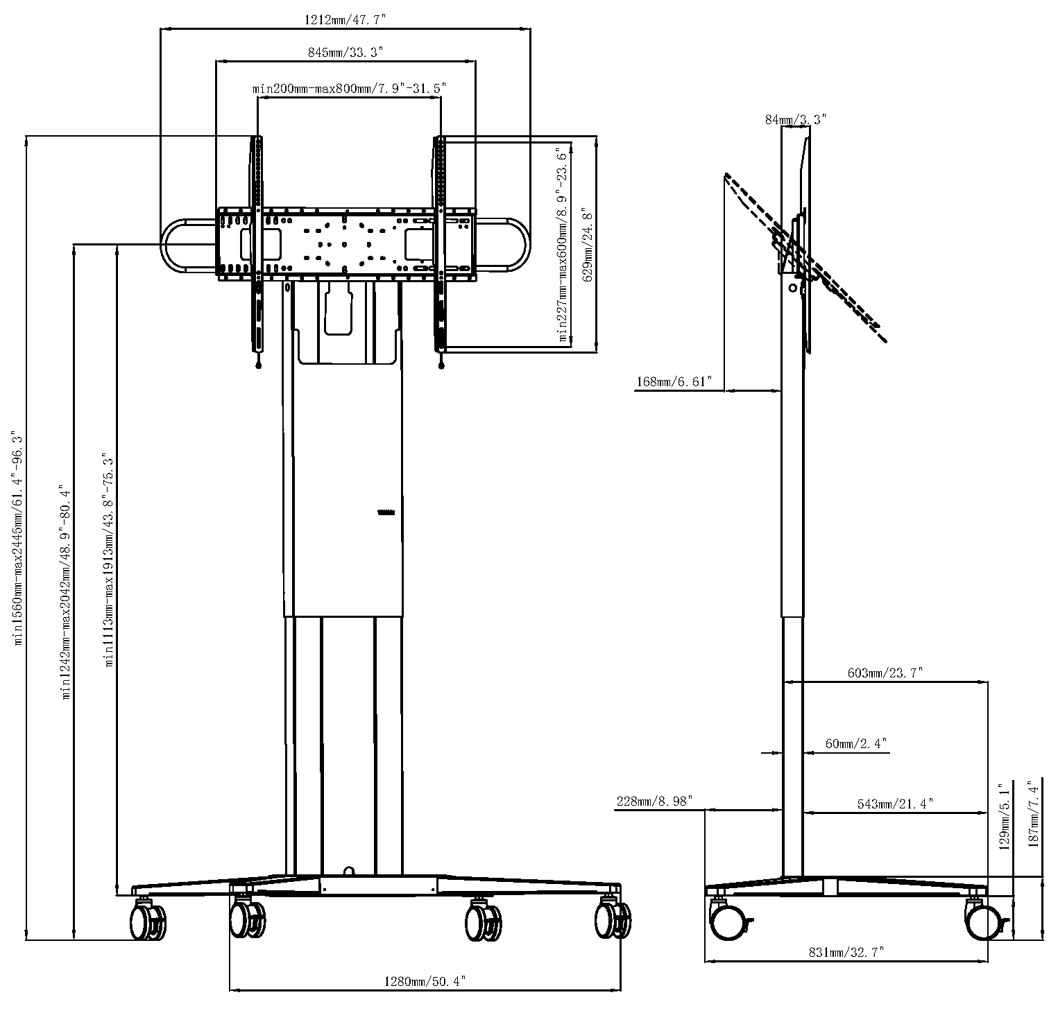 Vision VFM-F51T - manuell höhenverstellbarer Rollwagen / Standfuß - 47-100 Zoll - VESA 800x600mm - bis 95 kg - Schwarz