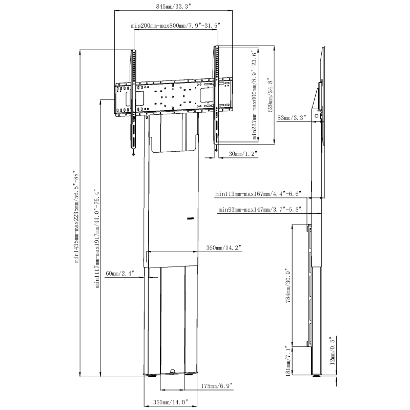 Vision VFM-F51 - manuell höhenverstellbare Boden-Wandhalterung - 47-100 Zoll - VESA 800x600mm - bis 95 kg - Schwarz