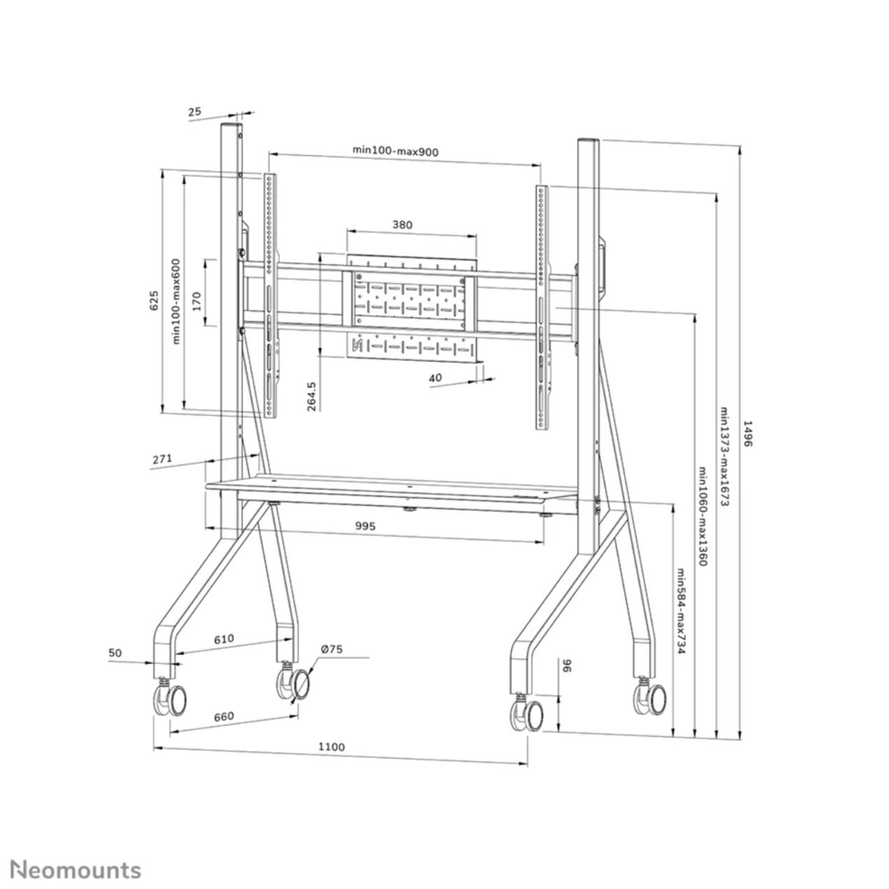 Neomounts by Newstar FL50-525WH1 - Rollwagen - 55-86 Zoll - VESA 900x600mm - bis 76kg - Weiss