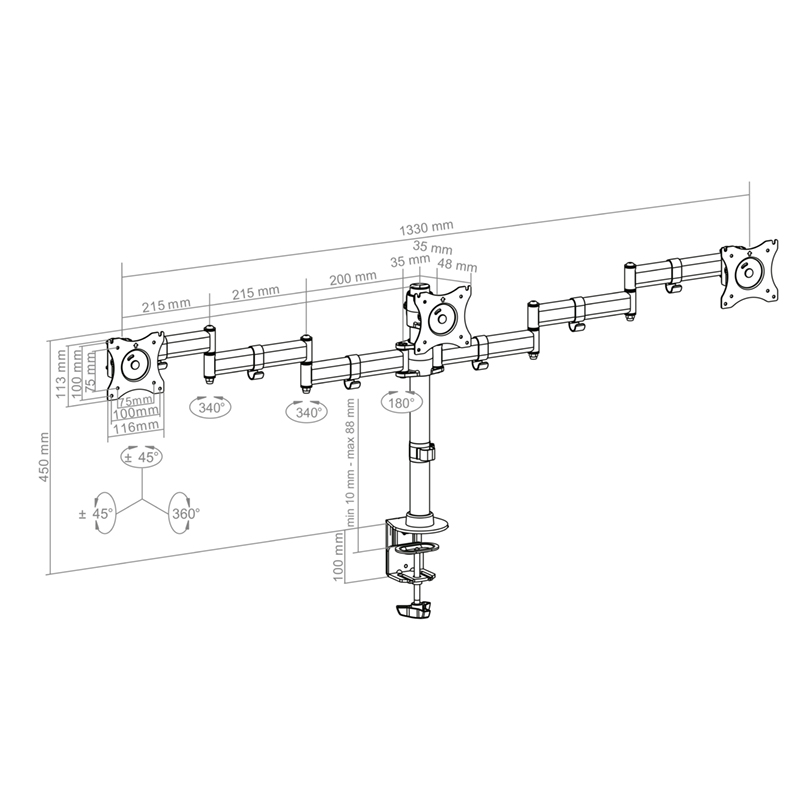 Hagor HA Tablemount KB Triple - manuelle Tischhalterung - 15-27 Zoll - 3x8 kg - VESA 100x100mm - Schwarz