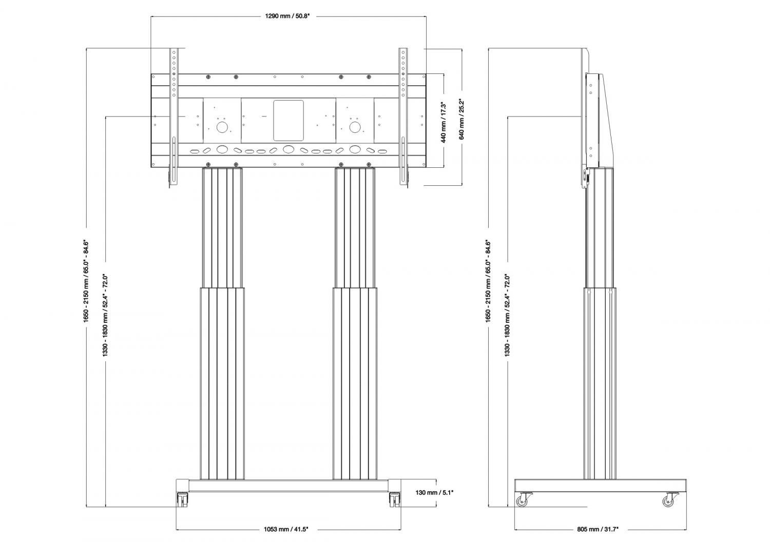 Conen SCETAD - elektrisch höhenverstellbarer Rollwagen - 70-120 Zoll - 250kg - VESA 400x200-1200x600 - Silber