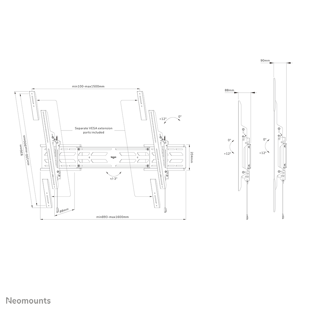 Neomounts WL35S-950BL19 - neigbare Wandhalterung - 55-110 Zoll - VESA 1500x900mm - bis 160 kg - Schwarz