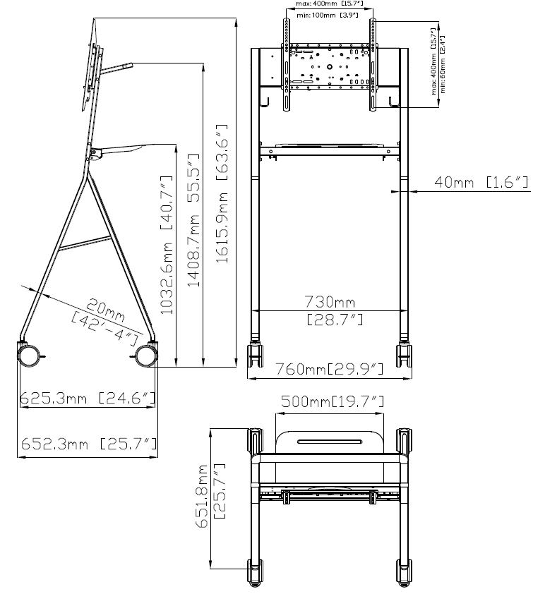 Vision VFM-F10/WH - mobiler Rollwagen - 50-55 Zoll - VESA 400x400mm - bis 45 kg - weiß