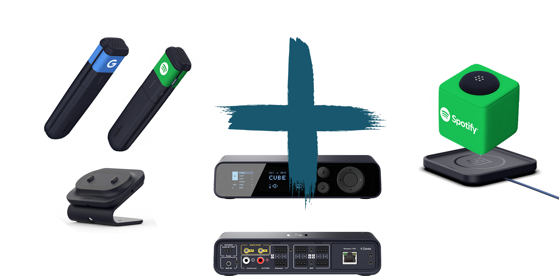 Catchbox Plus - System - 4 Channel - Networking + Dante - 1 x Cube (Wurfmikro) - 2 x Stick (Handmikro) - 1 x drahtlose Ladestation Cube - 1 x drahtlose Dual-Ladestation Stick - Customized - Version 2024