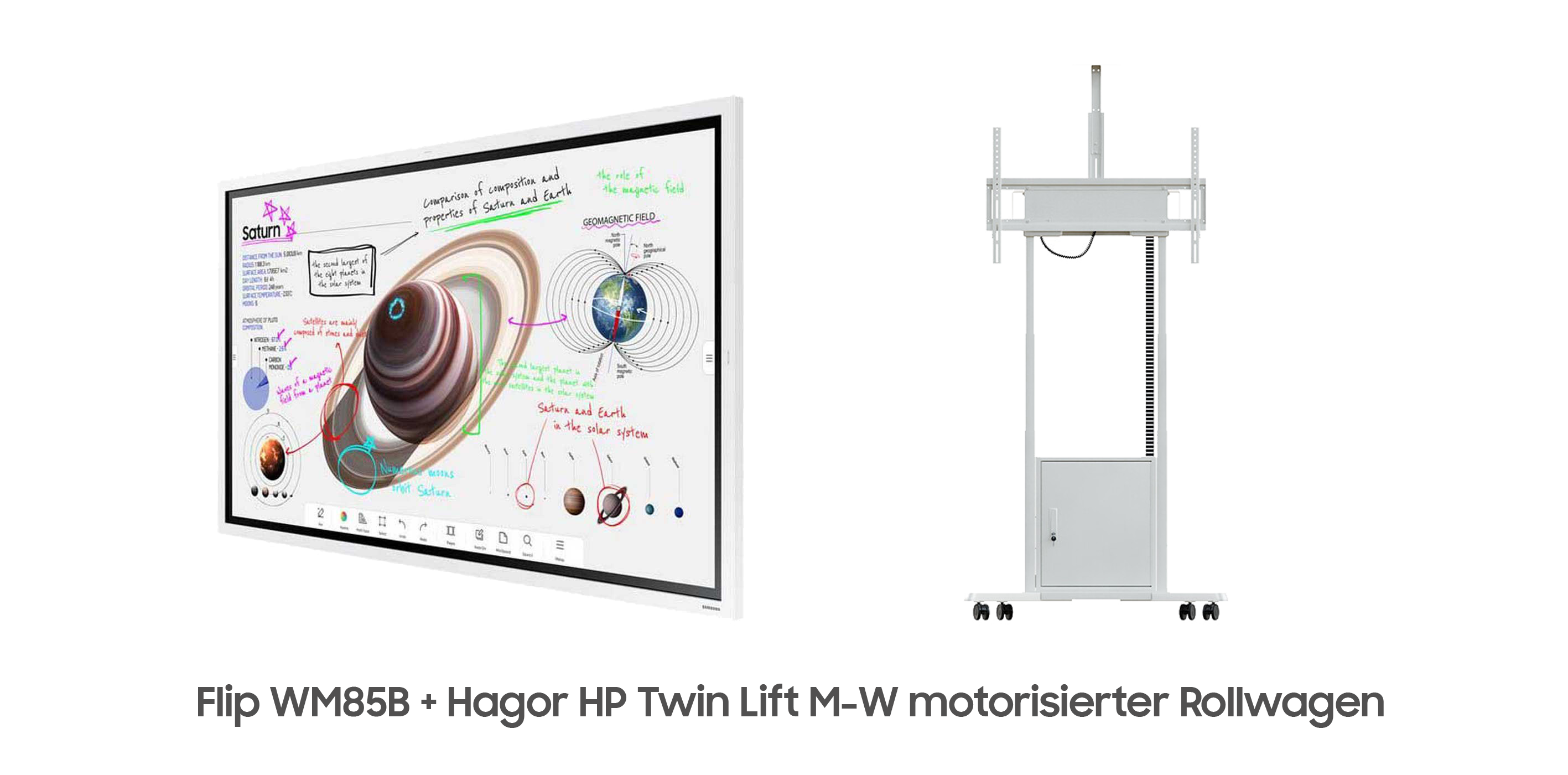 Samsung Flip Pro WM85B Bundle - 85 Zoll digitales Flipchart + Hagor HP Twin Lift M-W motorisierter Rollwagen