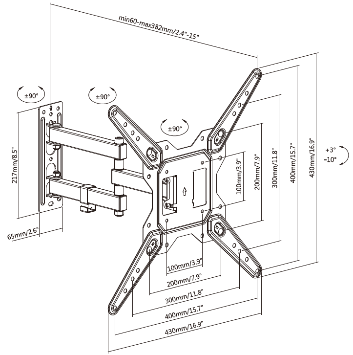 Vision VFM-WA4X4/3 - schwenk- und neigbare Wandhalterung - 37-60 Zoll - VESA 400 x 400mm - bis 20kg - Schwarz