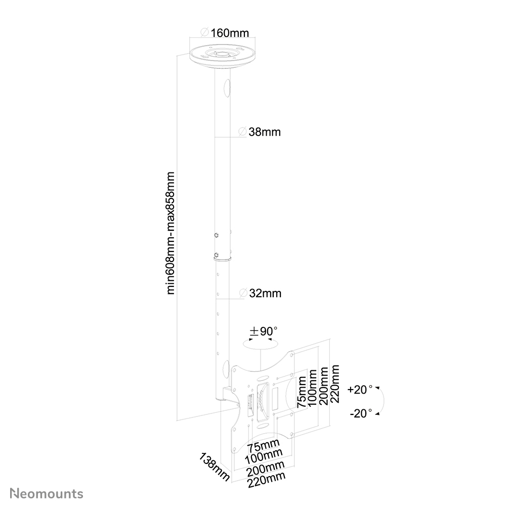 Neomounts FPMA-C060BLACK - verstellbare Deckenhalterung - 10-40 Zoll - VESA 200x200mm - bis 30kg - Schwarz