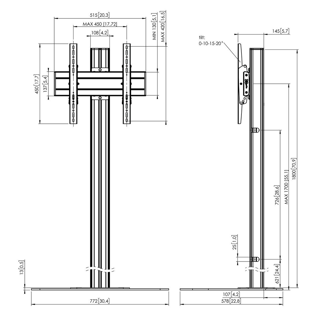 Vogels F1844B - Standfuß für Displays 32 bis 65 Zoll - VESA 400x400mm - bis 80 kg - Säulenlänge 1800 mm - Schwarz