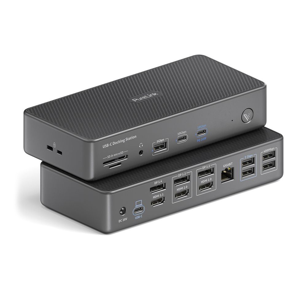 Purelink Vuelogic VL-D230DL - 18-in-1 USB-C DisplayLink Docking Station - 1x HDMI 2.1 8K30, 2 x HDMI 2.1 8K30, 1x DP 1.4 8K30, 2 x DP 1.2 4K60, USB 3.2 Gen2 100W PD 10Gbps, 7x USB, 1x Ethernet