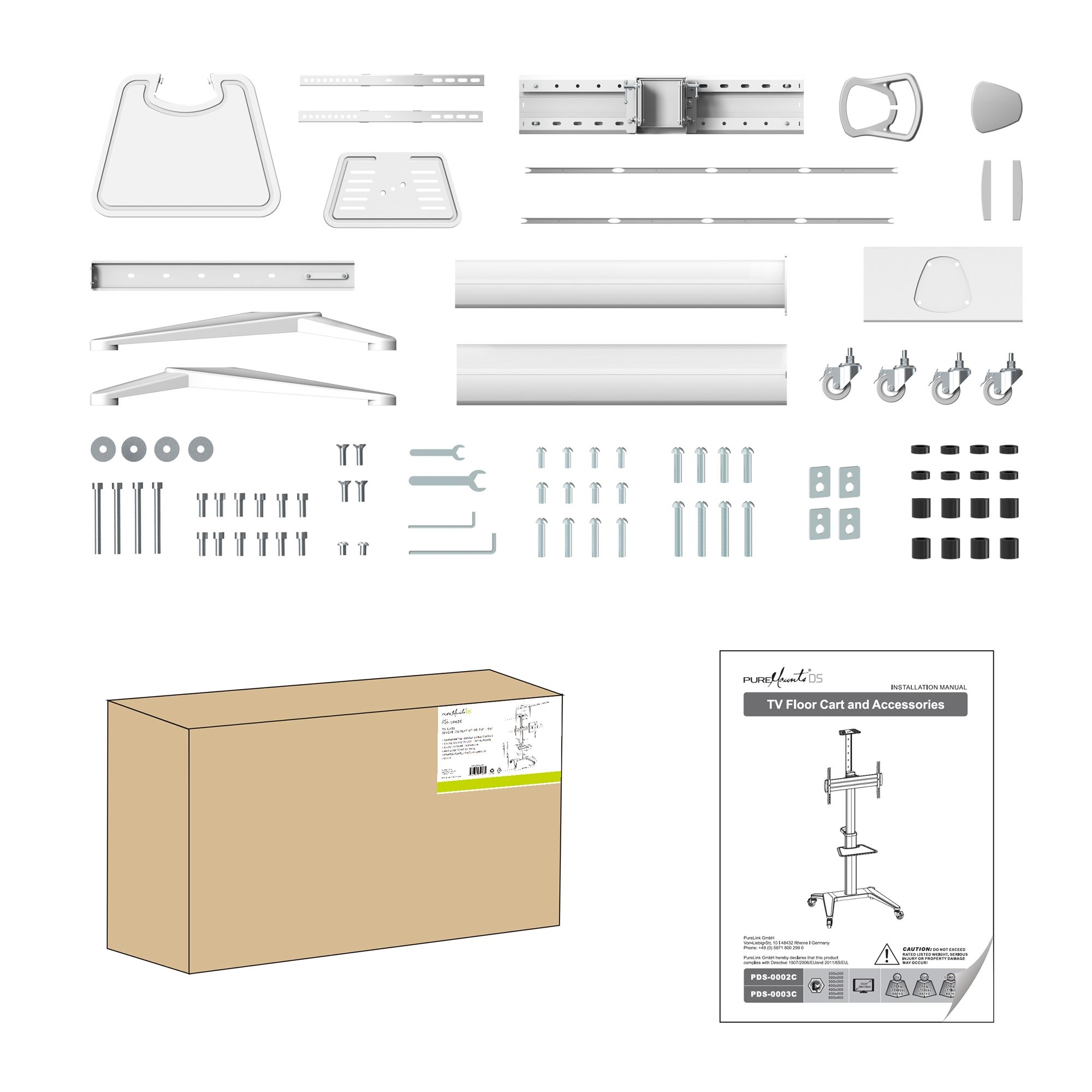 PureMounts PDS-0003C - höhenverstellbarer Rollwagen - 37-80 Zoll Display - VESA 600x400mm - bis 70kg - Weiss