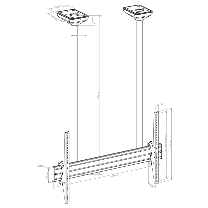 Hagor PLD Single HD - Schwerlast-Deckenhalterung - 75-100 Zoll - VESA 900x600 - bis 100 kg - Schwarz