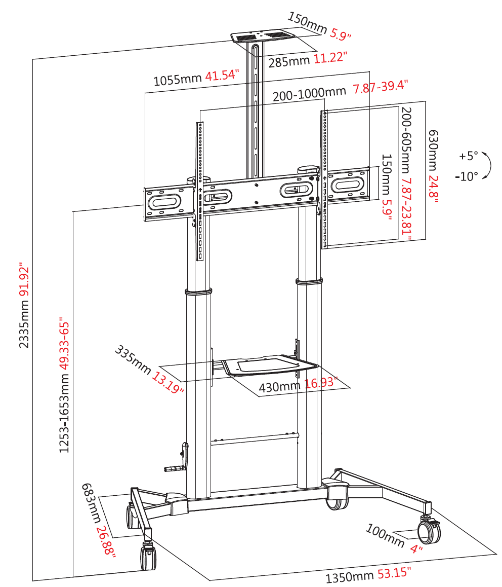 Vision VFM-F25 - höhenverstellbarer Rollwagen - 60-100 Zoll - VESA 1000x600mm - bis 80kg - Schwarz