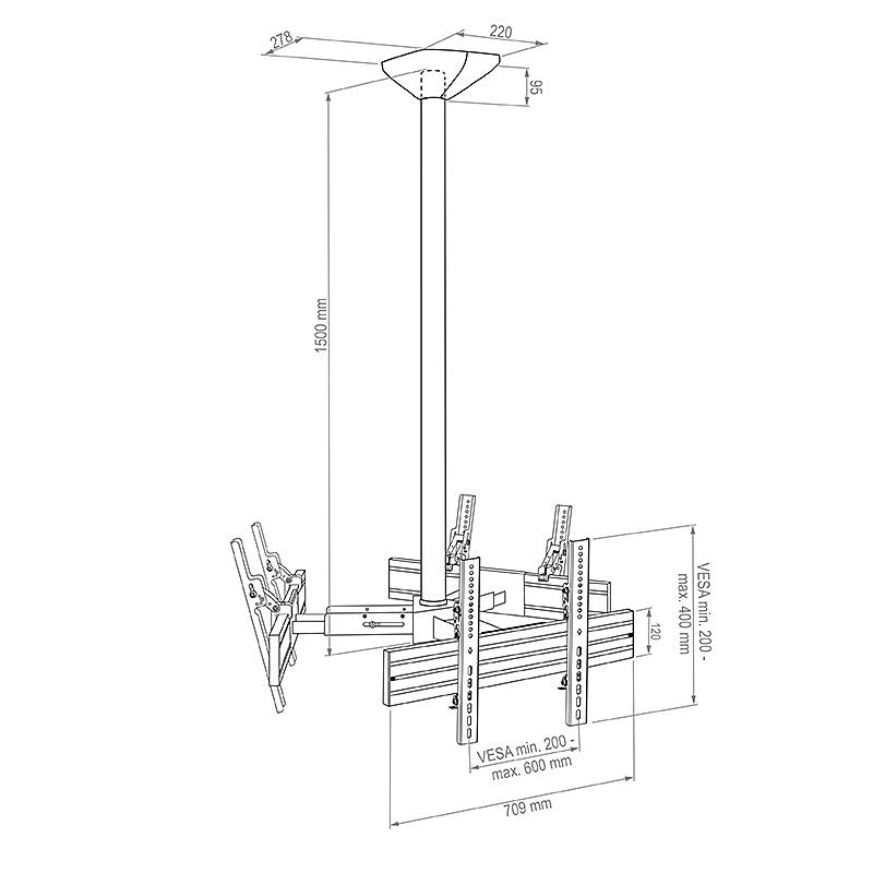 Hagor CPS Ceilingmount Triangle - Deckenhalterung für 3 Displays - Dreieckanordnung "back-to-back" - 46-65 Zoll - VESA 600x400 - bis 3 x 40 kg - schwarz